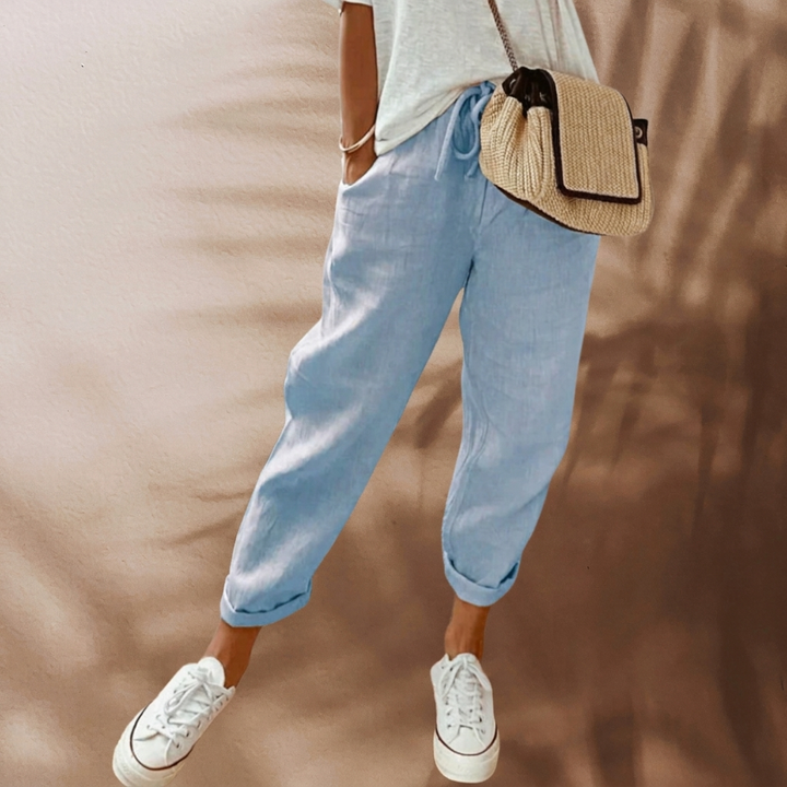 Trendy damesmode: elegante linnenlook zomerbroek voor de zomer, ademend en casual met wijde pijpen.