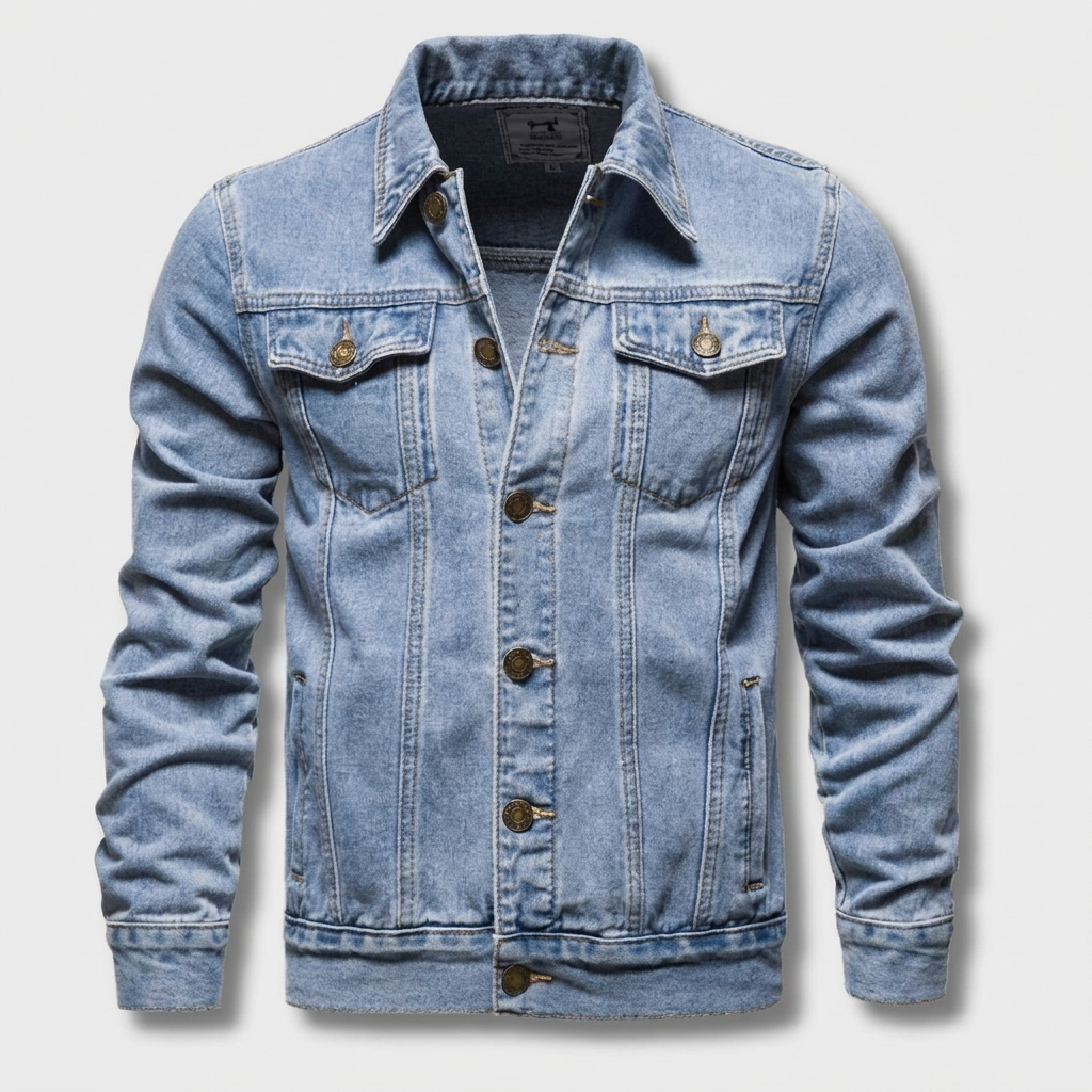 Heren spijkerjas van donkerblauw denim, modieus en tijdloos, perfect voor een casual look.