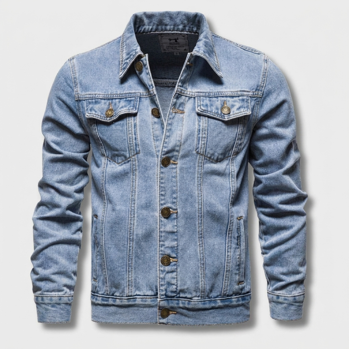 Heren spijkerjas van donkerblauw denim, modieus en tijdloos, perfect voor een casual look.