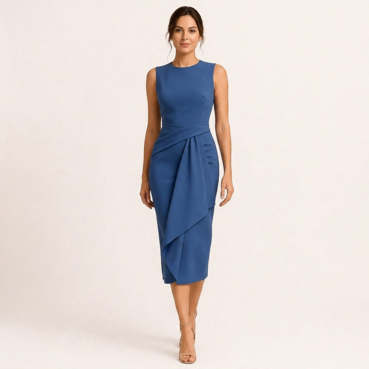 Blauwe mouwloze dames kantoorjurk, professioneel en elegant, ideaal voor zakelijke gelegenheden en dagelijks gebruik.