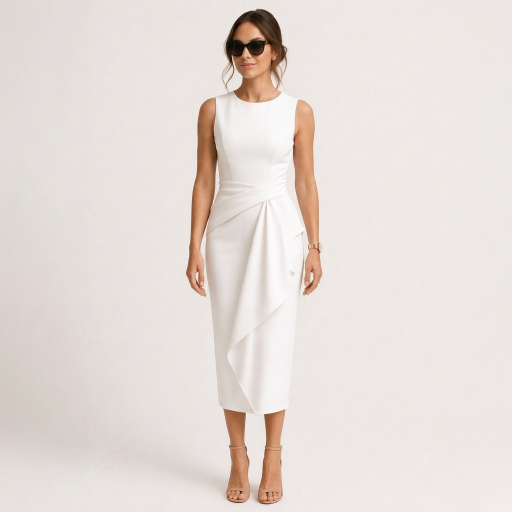 Witte getailleerde midi-jurk voor dames, zakelijke kleding voor een stijlvolle kantoorlook, comfortabel en chic.