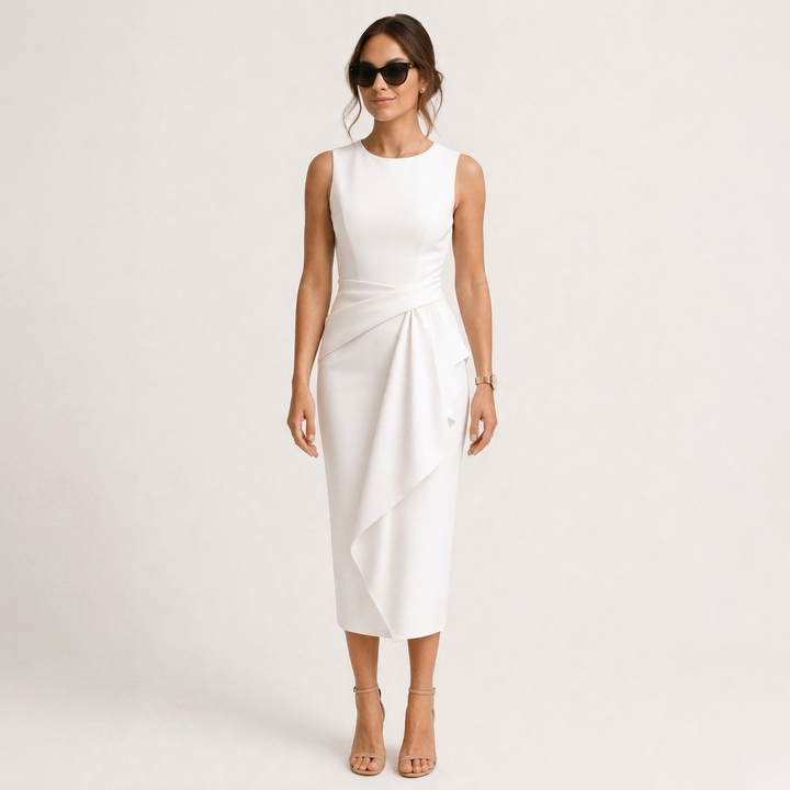 Witte getailleerde midi-jurk voor dames, zakelijke kleding voor een stijlvolle kantoorlook, comfortabel en chic.