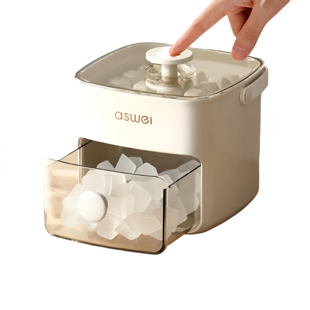 Witte ijsblokjesvorm met deksel en transparante opbergbak, perfect voor het maken en bewaren van ijsblokjes.