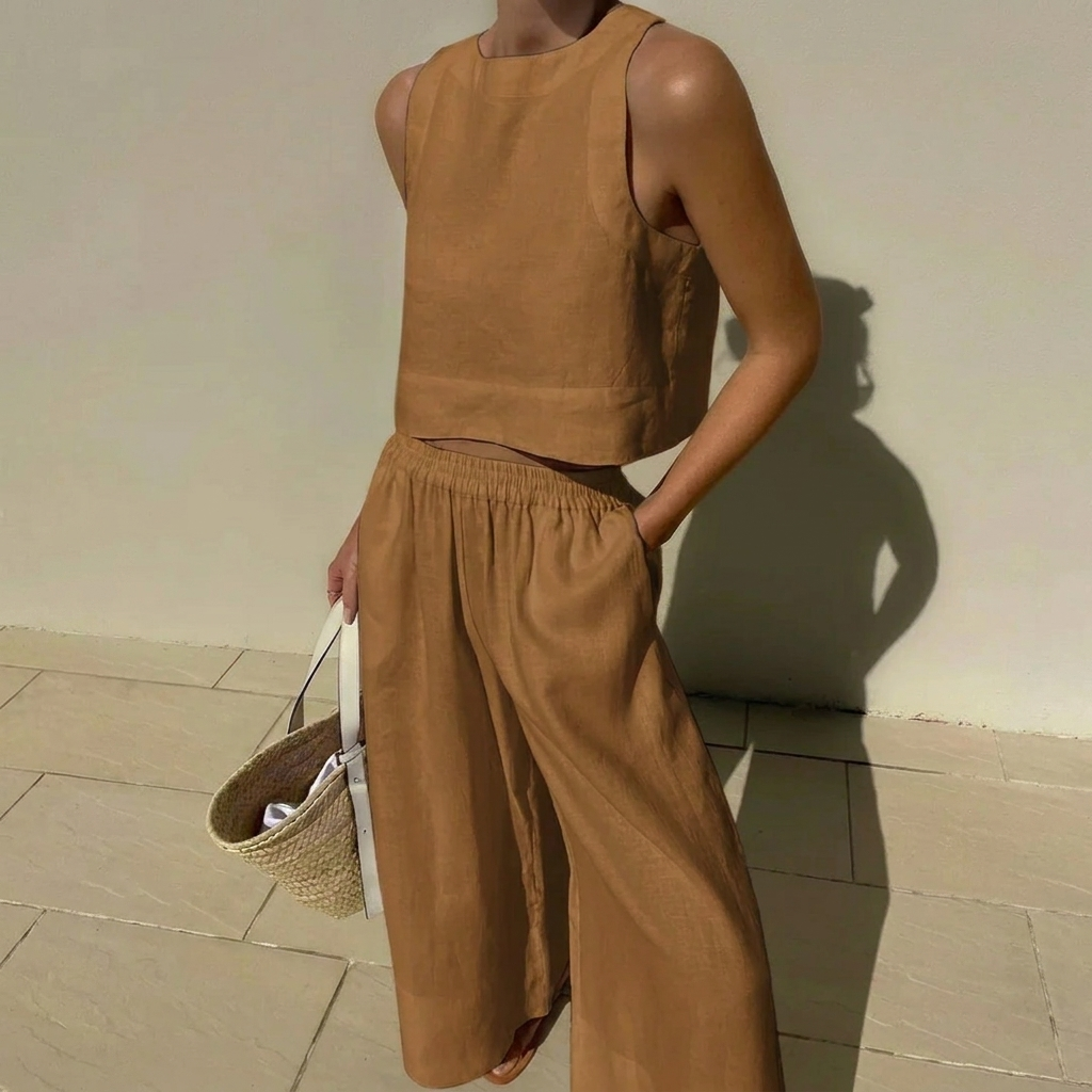 Stijlvolle dames kleding: een veelzijdige crop top en comfortabele wijde broek, perfect voor elke zomerse gelegenheid.