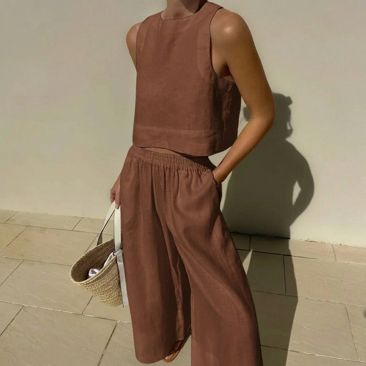 Dames zomerset tweedelig: casual chic, met een comfortabele crop top en een stijlvolle wijde broek.