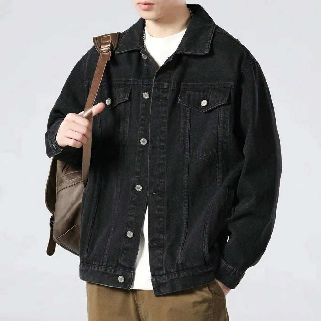 Man draagt trendy slim fit heren denim jack in biker stijl. Stoer spijkerjack voor dagelijks gebruik.
