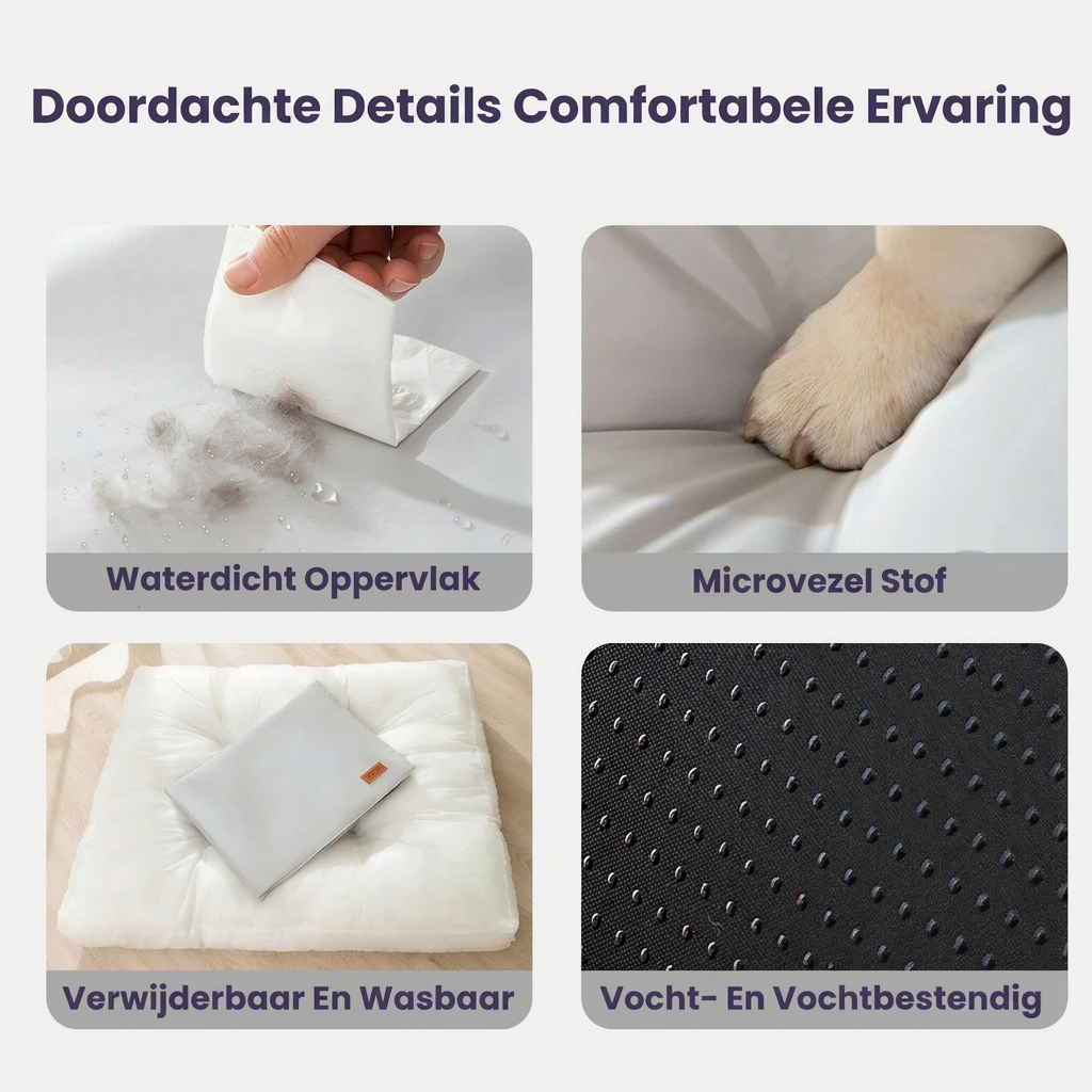 Hond ontspant op lichtgrijs orthopedisch waterdicht hondenkussen, genietend van het ergonomische comfort.