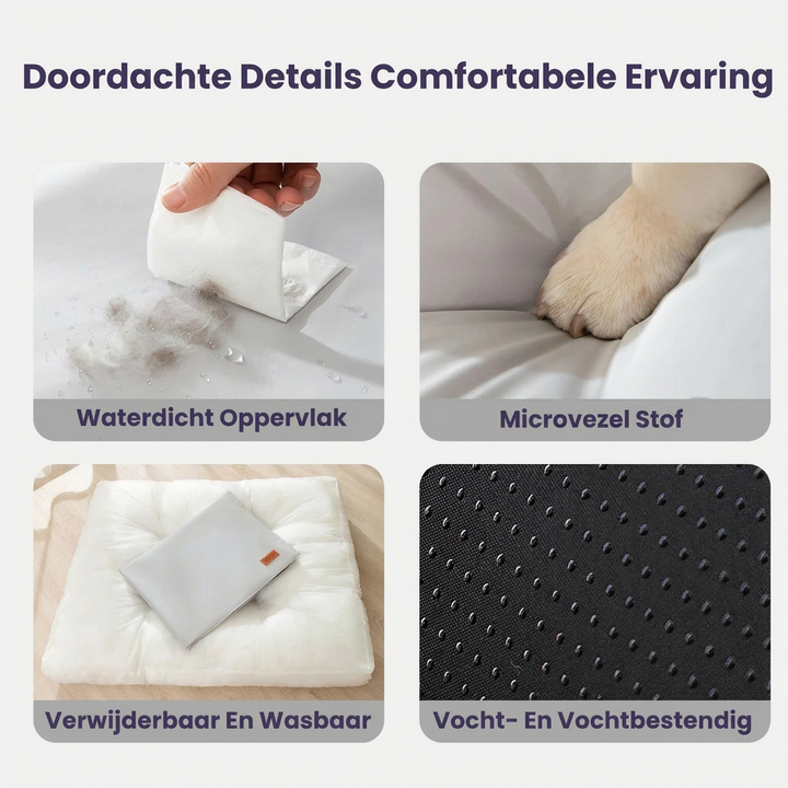 Hond ontspant op lichtgrijs orthopedisch waterdicht hondenkussen, genietend van het ergonomische comfort.
