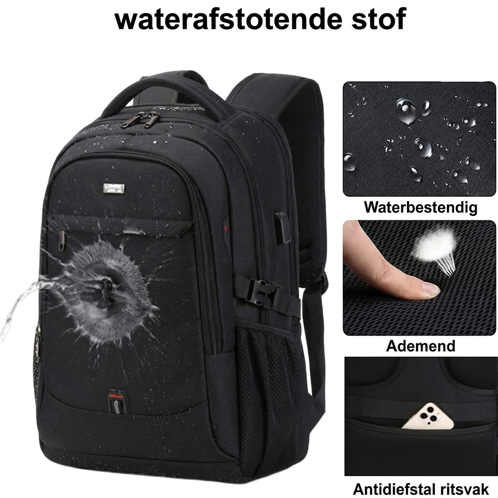 Detail van de waterdichte zwarte rugzak (WC2026) met zicht op de vele handige vakken voor georganiseerde opslag.