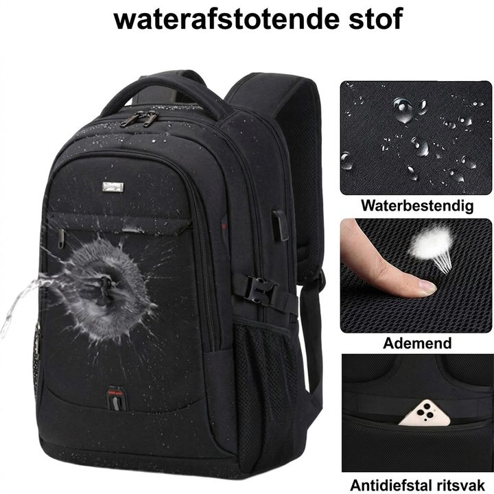 Detail van de waterdichte zwarte rugzak (WC2026) met zicht op de vele handige vakken voor georganiseerde opslag.