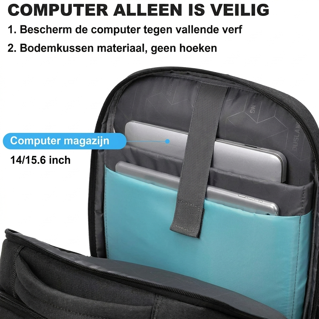 Stevige zwarte laptoprugzak (WC2026) met waterdichte coating en diverse opbergvakken, geschikt voor dagelijks gebruik.