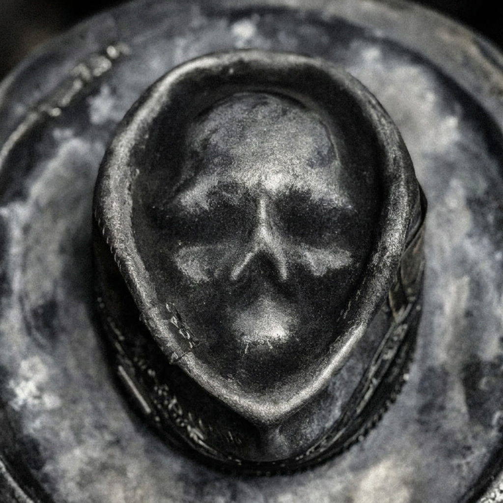 Close-up van de handgemaakte doodskop muts, zachte stof met stoer schedelpatroon.