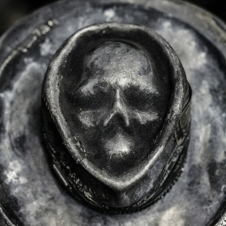 Close-up van de handgemaakte doodskop muts, zachte stof met stoer schedelpatroon.