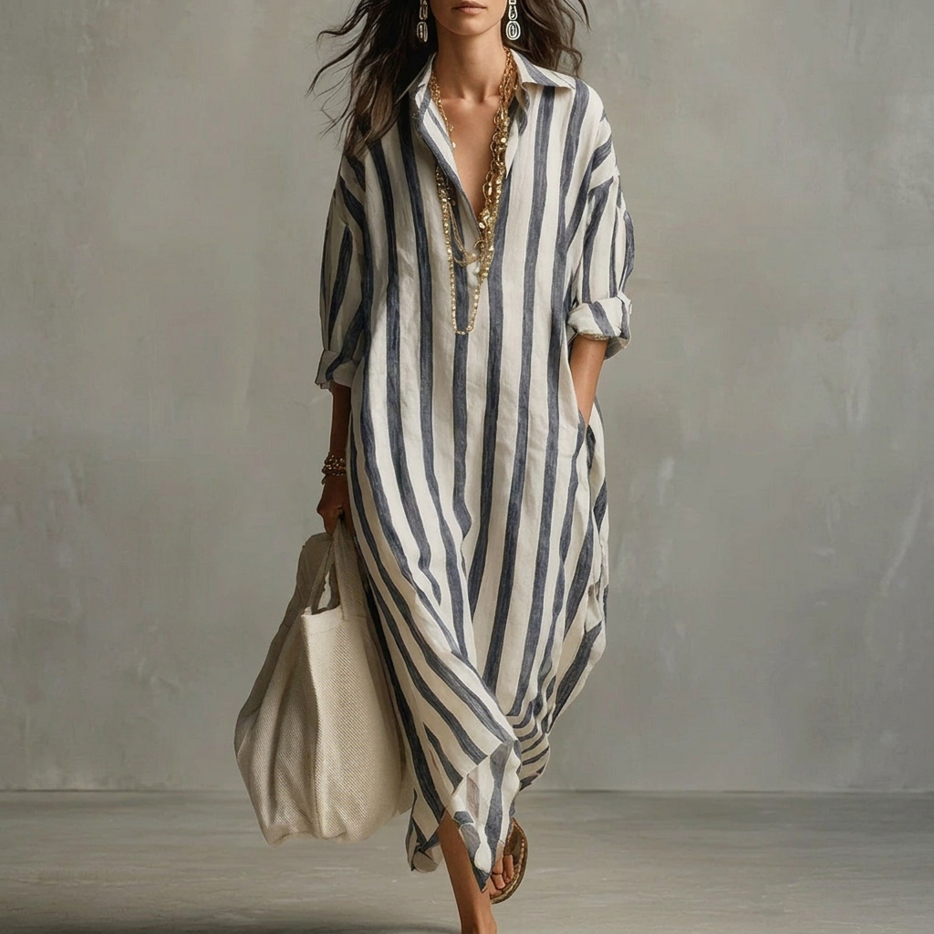 Dames gestreepte maxi-jurk met reverskraag en A-lijn pasvorm, ideaal als comfortabele casual lente- of herfstjurk.