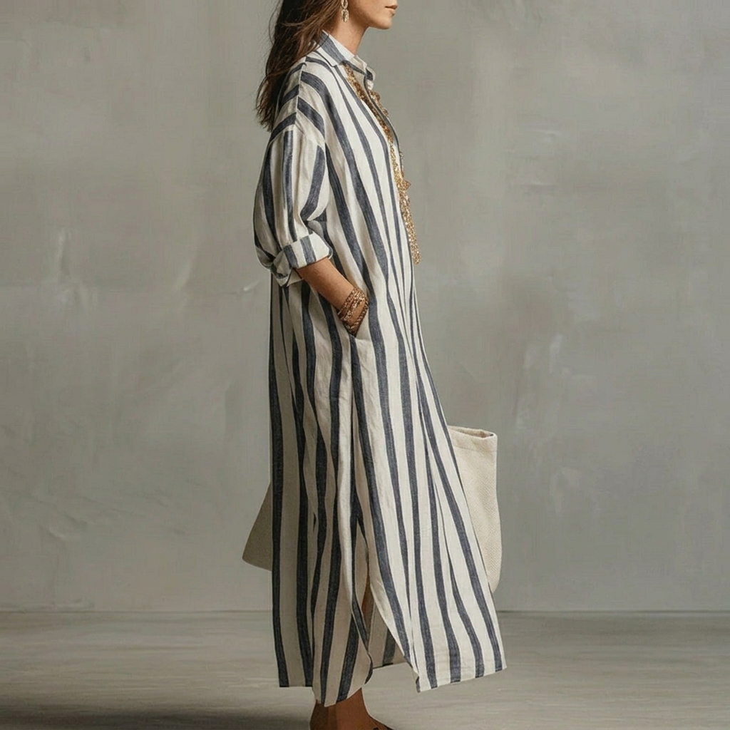 Blauwe gestreepte maxi-jurk voor dames met reverskraag, perfecte casual jurk voor de lente en herfst.