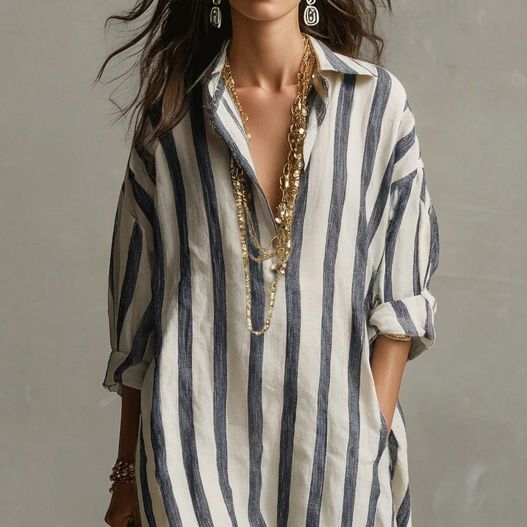 Stijlvolle dames gestreepte maxi-jurk met reverskraag, comfortabel en veelzijdig voor casual lente/herfst dagen.