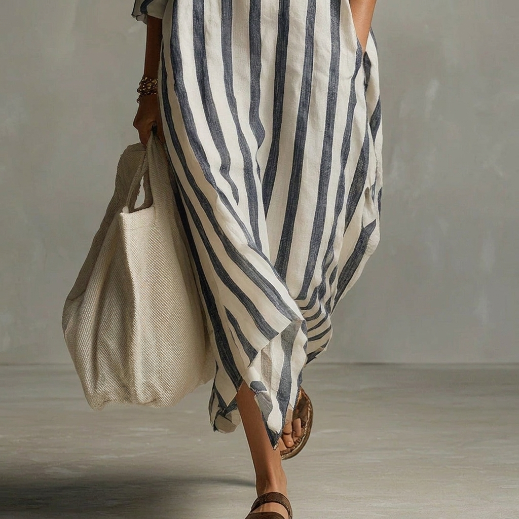 Comfortabele A-lijn gestreepte dames maxi-jurk met reverskraag, ideaal voor een casual lente of herfst outfit.