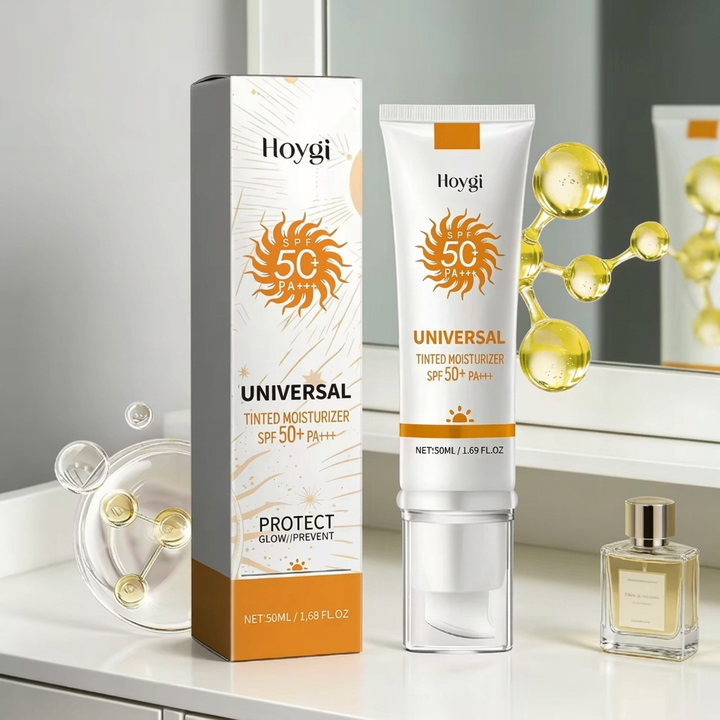 Tube getinte dagcrème SPF50+ voor gezichtsverzorging. Biedt uv-bescherming en hydrateert gevoelige huid.