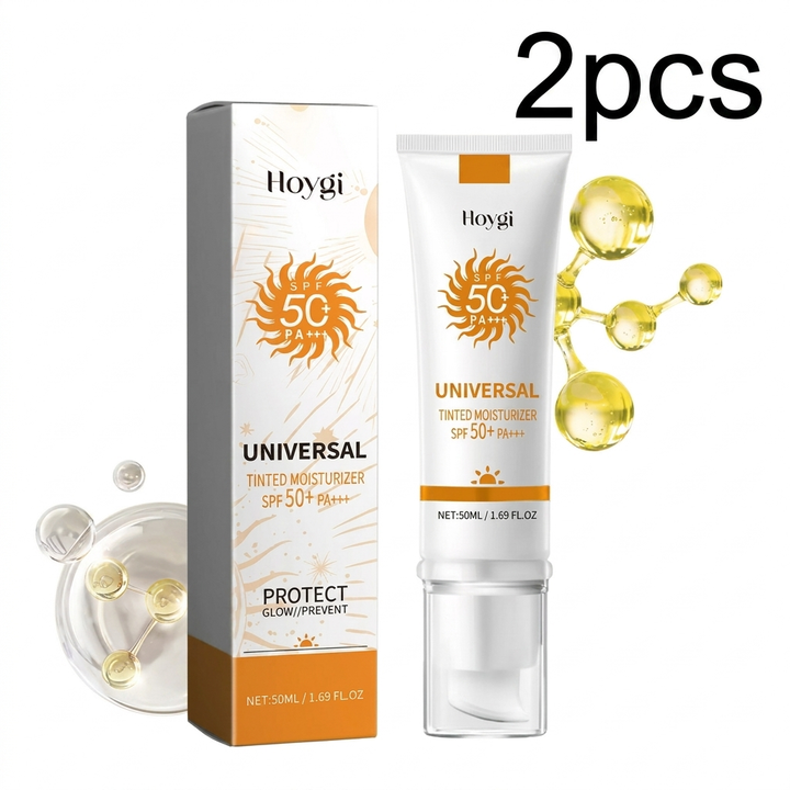 Vrouw met egale teint door getinte dagcrème SPF50+. Biedt hydratatie, zonbescherming en beauty voordelen.