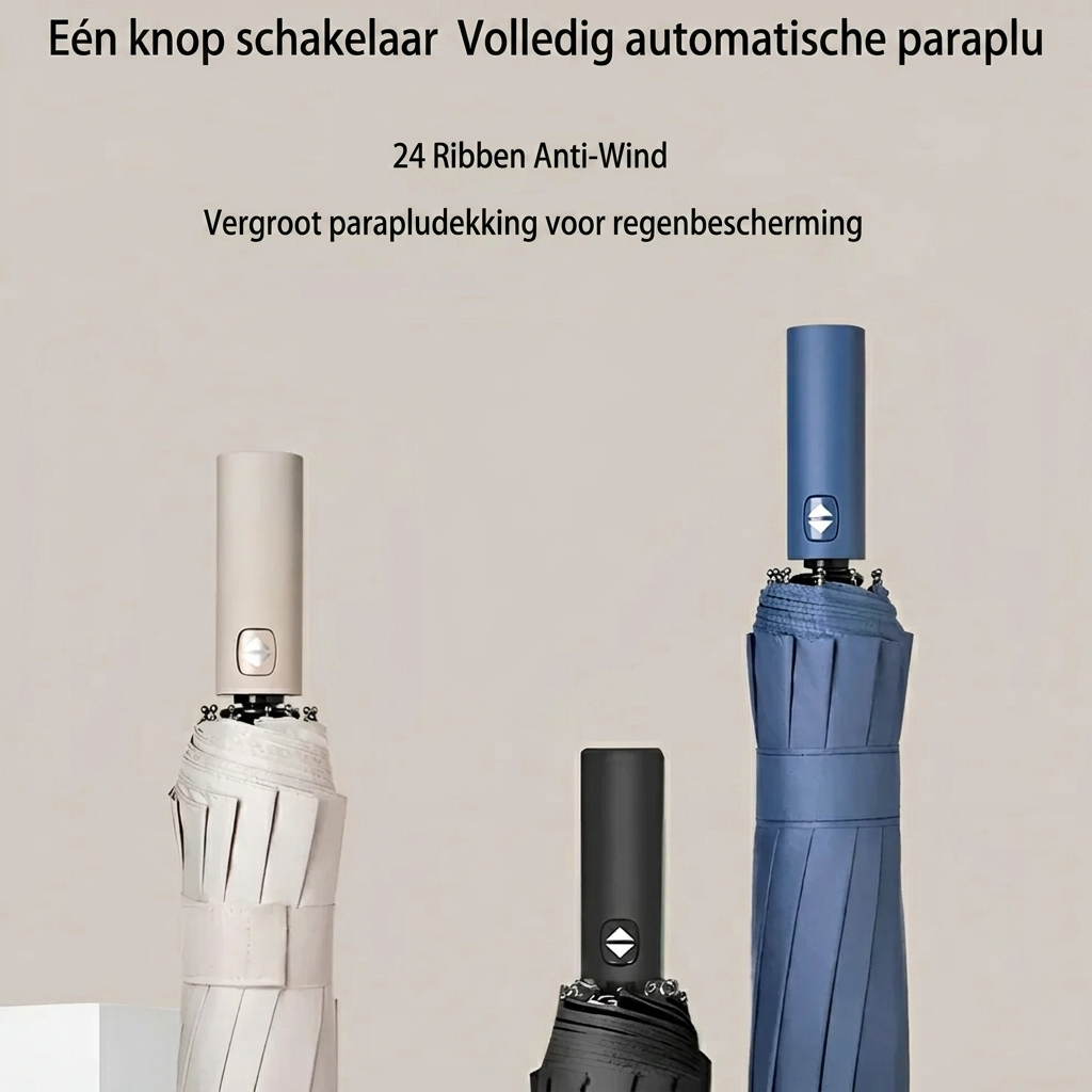 Man houdt compacte paraplu met UV-bescherming in de zon; essentiële accessoire voor elke reis.