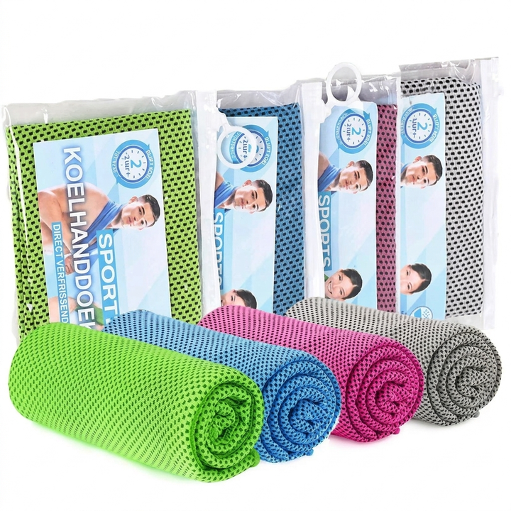Unisex set van 4 sneldrogende microvezel koelhanddoeken; langdurige verkoeling voor sport, outdoor en hete zomerdagen.