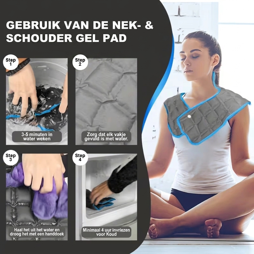 Herbruikbare verkoelende gelwrap in zwart voor nek- en schouderverlichting. Ideaal voor ontspanning en comfort.