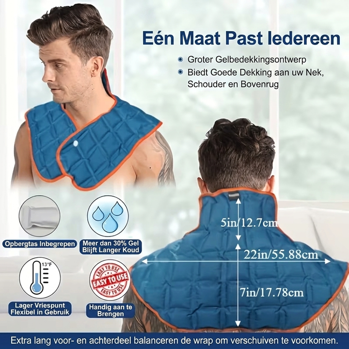 Groene verkoelende gelwrap voor nek en schouders, voor onmiddellijke verlichting en ontspanning na inspanning.