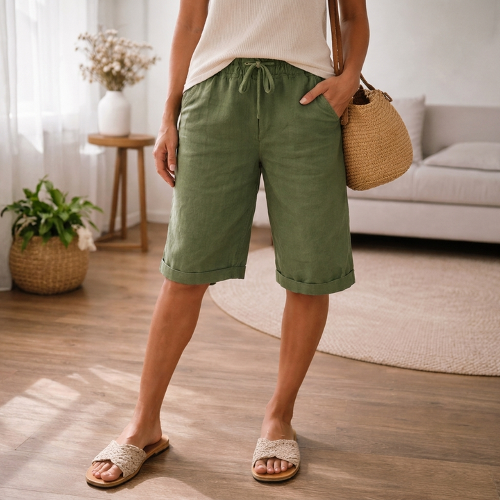 Moderne dames bermuda shorts met praktisch trekkoord, losse pasvorm en knielengte, perfect voor zomerse vrijetijd.