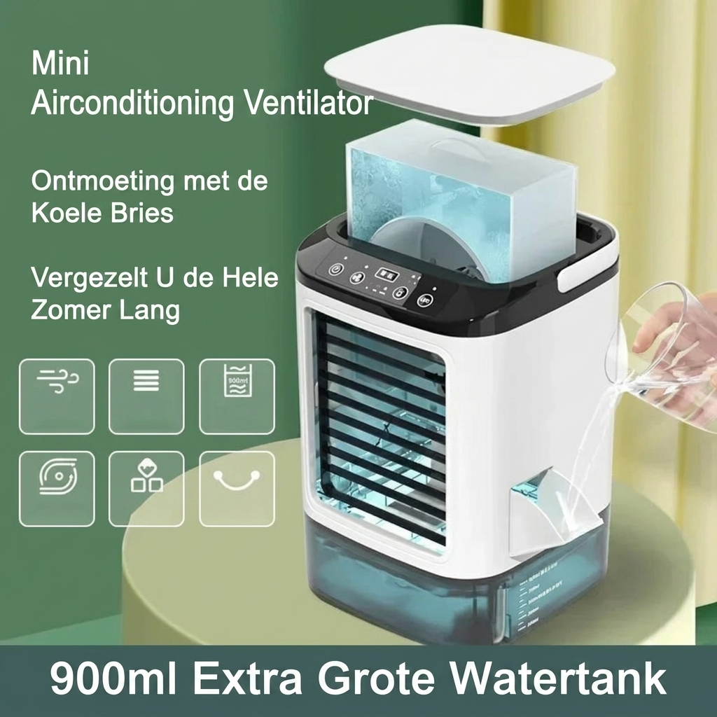 Draagbare mini airco met luchtbevochtiging en sfeervol nachtlampje voor optimale verkoeling & comfort.