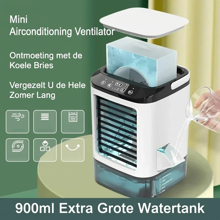 Draagbare mini airco met luchtbevochtiging en sfeervol nachtlampje voor optimale verkoeling & comfort.