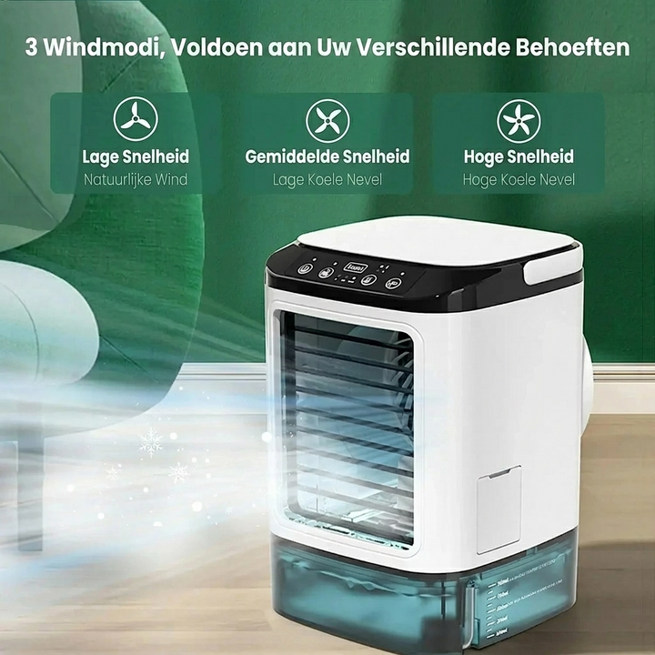Stille persoonlijke koelventilator en luchtbevochtiger, perfect voor rustige verkoeling op bureau of nachtkastje.