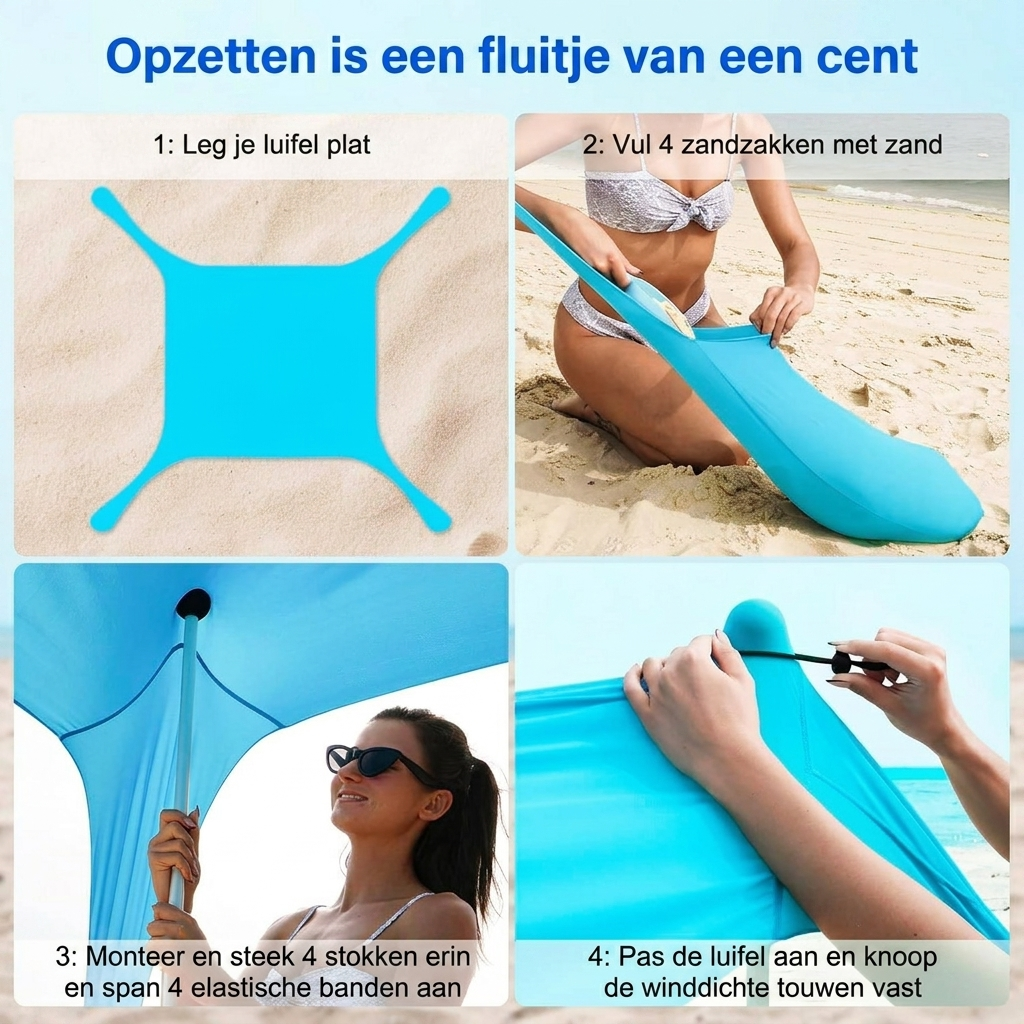 Draagbare familiestrandtent voor schaduw en UV-bescherming tijdens kamperen of een dagje strand.