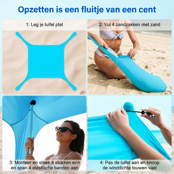Draagbare familiestrandtent voor schaduw en UV-bescherming tijdens kamperen of een dagje strand.