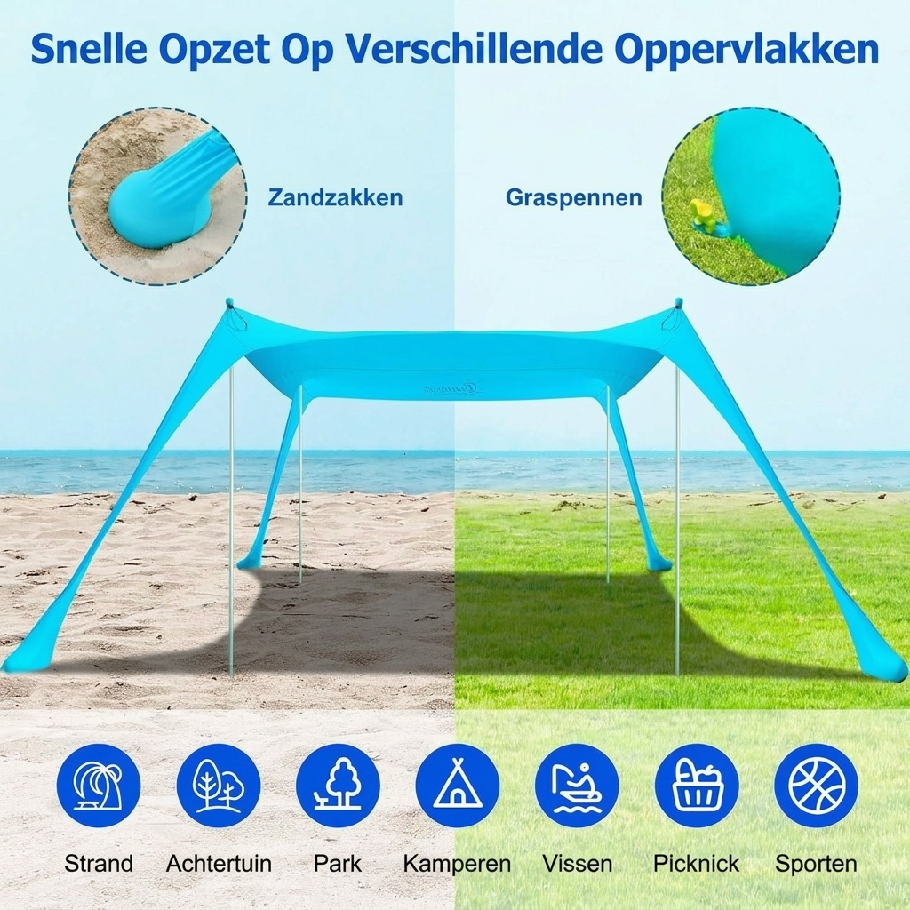 Grote polyester familietent met aluminium palen en zandankers; ideaal voor stabiele schaduw op het strand.