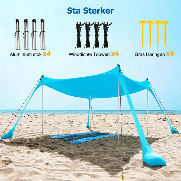 Ruime familiestrandtent UPF50+ biedt effectieve zon- en UV-bescherming voor comfortabele outdoor-dagen.