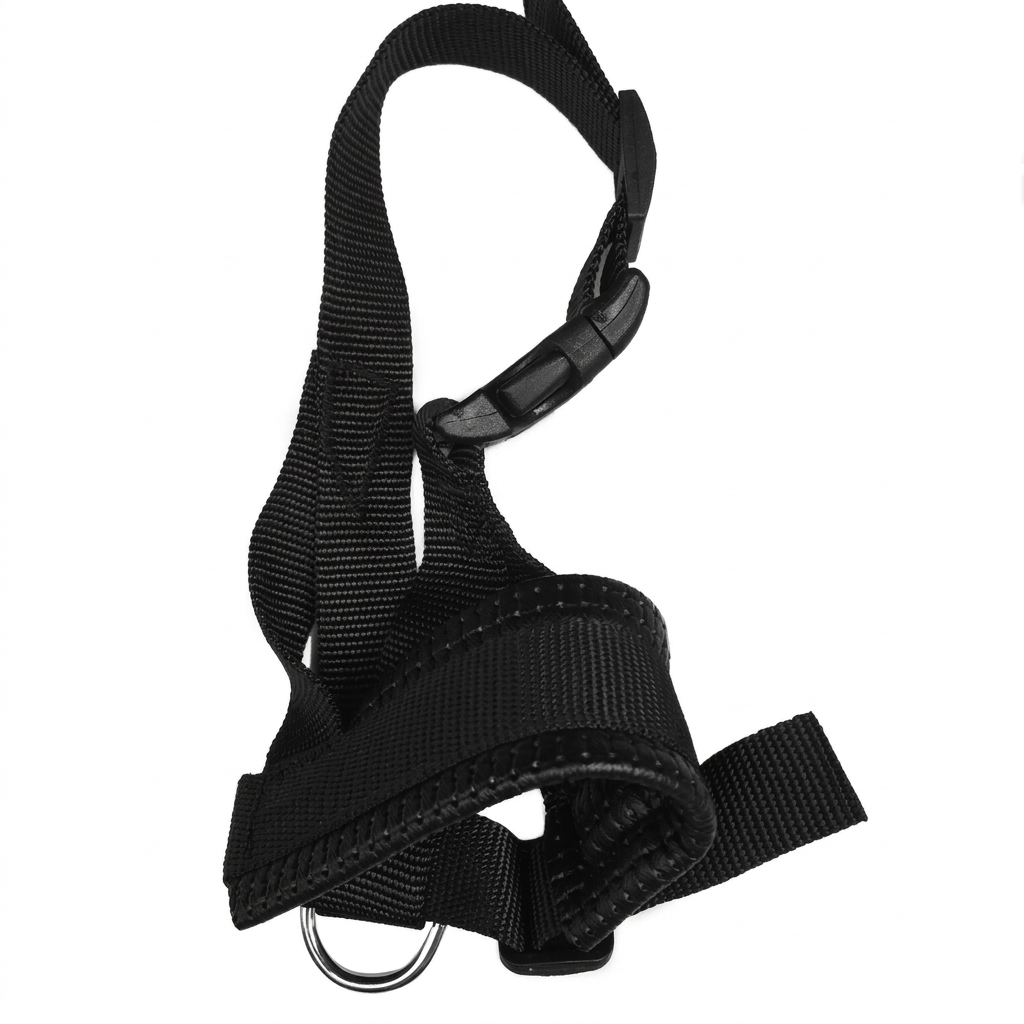Duurzaam nylon hondenmondkapje met verstelbare banden voor comfort en veilige controle. Ideaal voor anti-blaf en hondentraining.