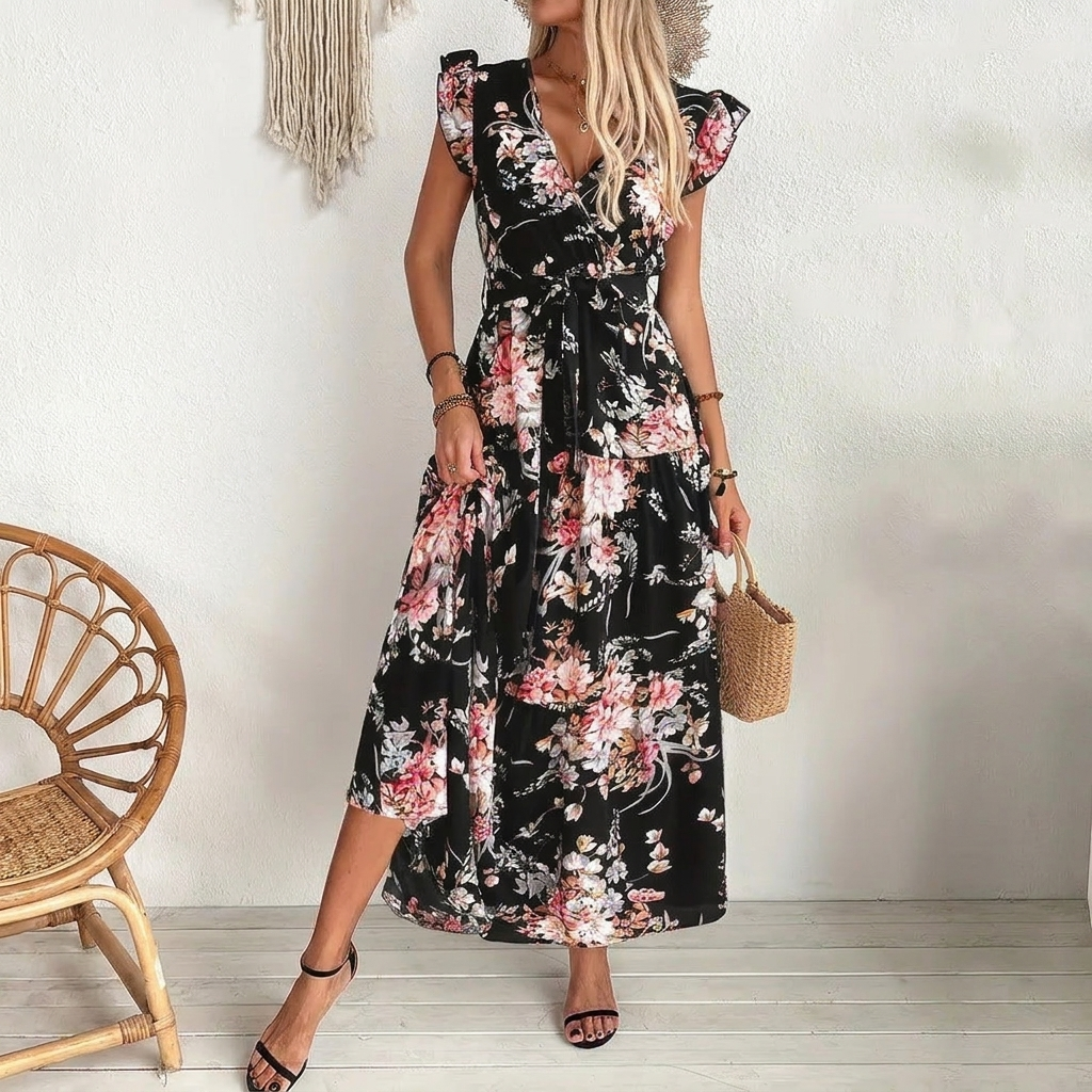 Elegante zwarte damesjurk met relaxte pasvorm, comfortabel voor dagelijkse kleding en perfect als lente/zomerjurk.