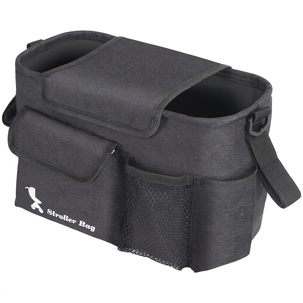 Universele kinderwagen opbergtas met meerdere vakken, ideaal voor baby essentials en luiers. Praktisch voor ouders.