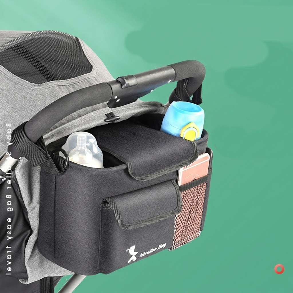 Universele kinderwagen opbergtas met geïsoleerde vakken en veilige ritsen, perfect voor babybenodigdheden en snacks. Praktisch.
