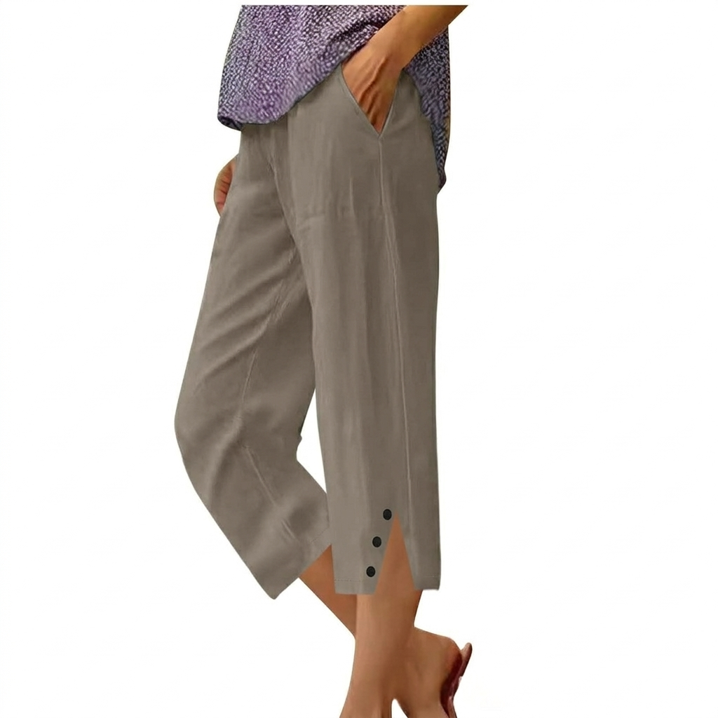 Luchtige polyester zomerbroek voor dames, ruimvallend met hoge taille en handige zakken.