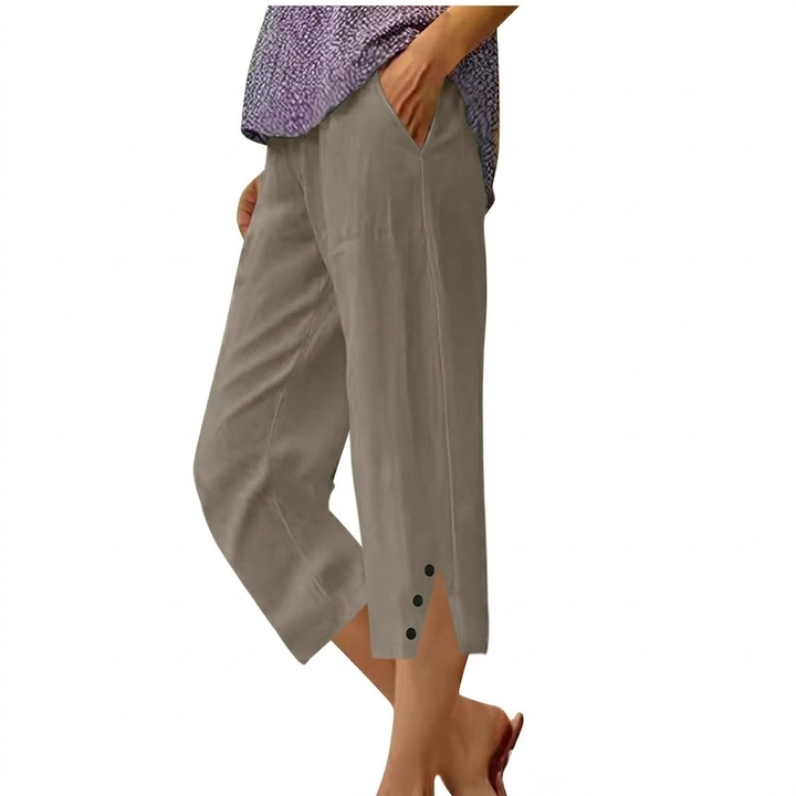 Luchtige polyester zomerbroek voor dames, ruimvallend met hoge taille en handige zakken.