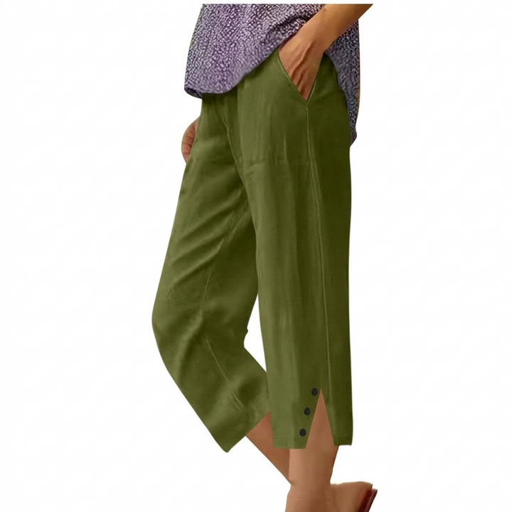 Casual damesbroek met hoge taille, ruimvallend model met functionele zijzakken voor gemak.