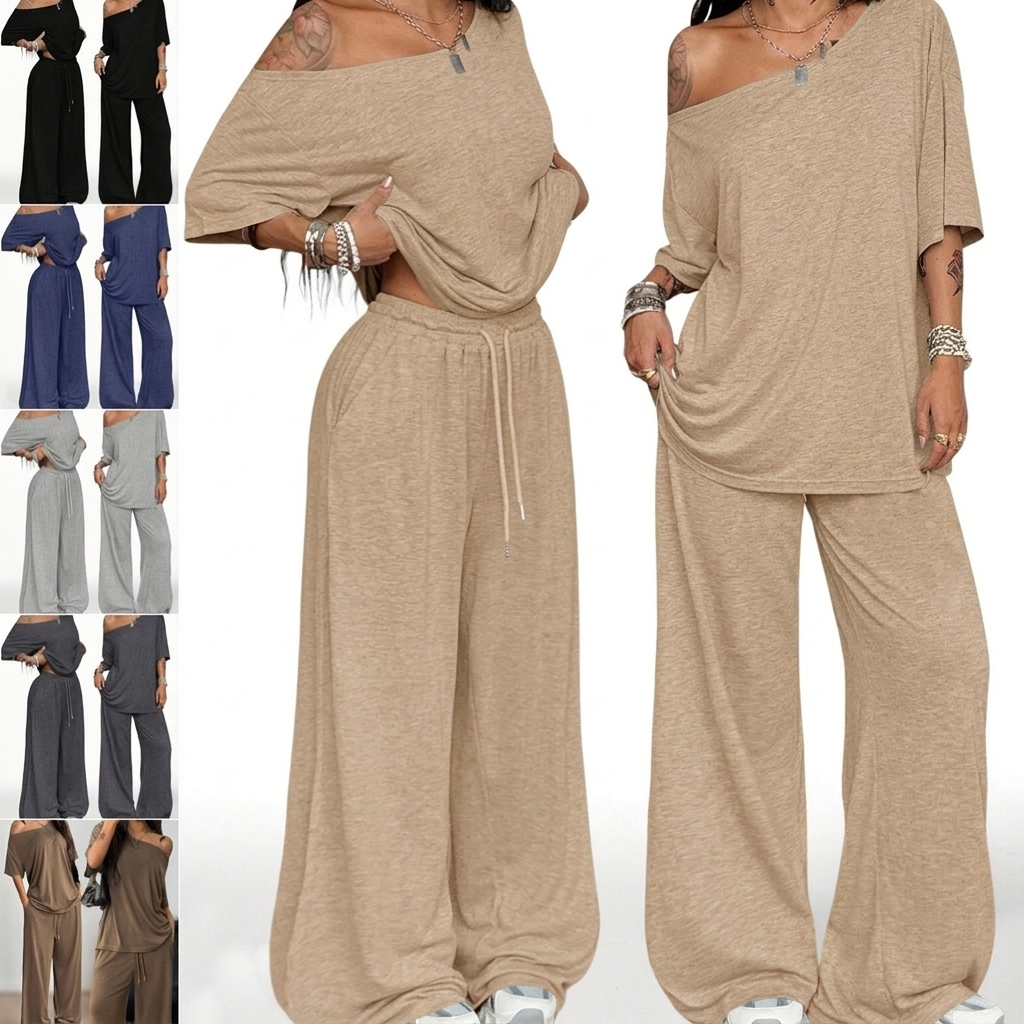 Dames comfortabele tweedelige loungeset, ideaal voor relaxkleding thuis of als casual zomeroutfit.