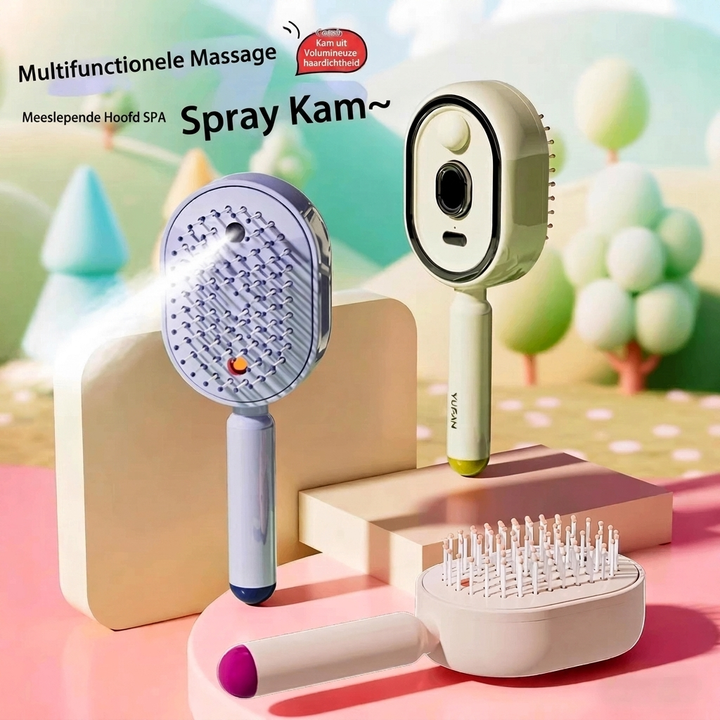 Roze slimme massageborstel met ontklitter en geïntegreerde haarolie spray voor complete haarverzorging.