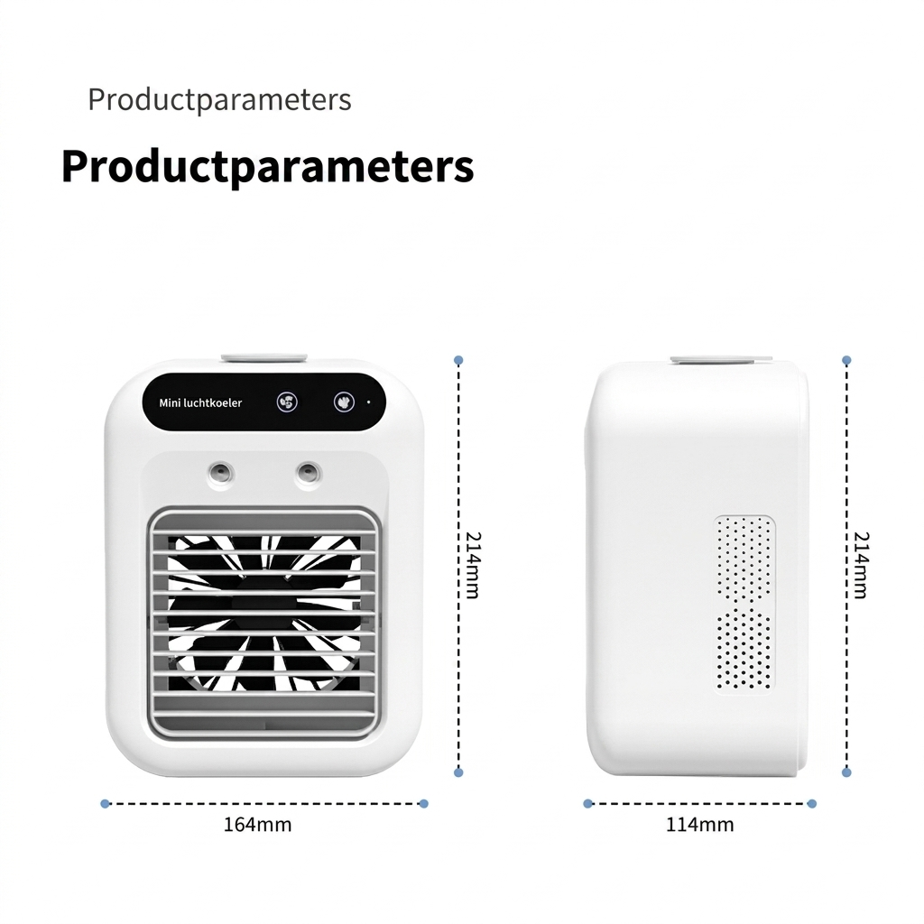 Persoonlijke, compacte luchtkoeler in modern design voor effectieve verkoeling en comfort.
