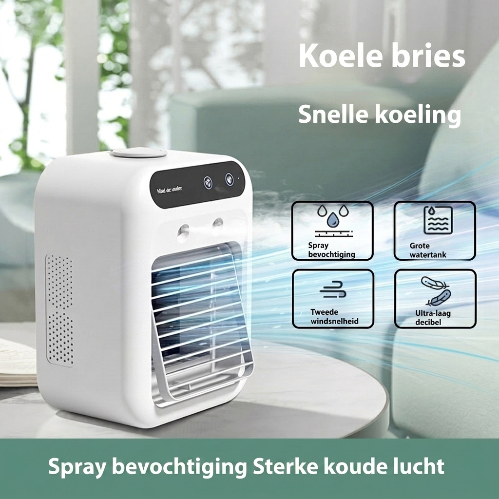 Compacte, energiezuinige draagbare luchtkoeler mvb26 met mistfunctie voor comfortabele verkoeling.
