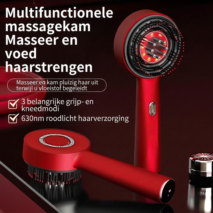 Compacte elektrische massagekam, perfect voor ontspannende hoofdhuidmassage en optimale serumapplicatie.