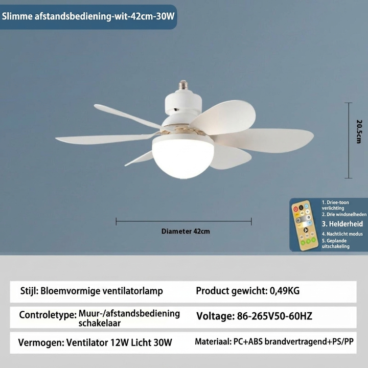Slimme E27 LED ventilatorlamp met afstandsbediening voor dimbaar licht en ventilatorsnelheid, ideaal voor kantoor.