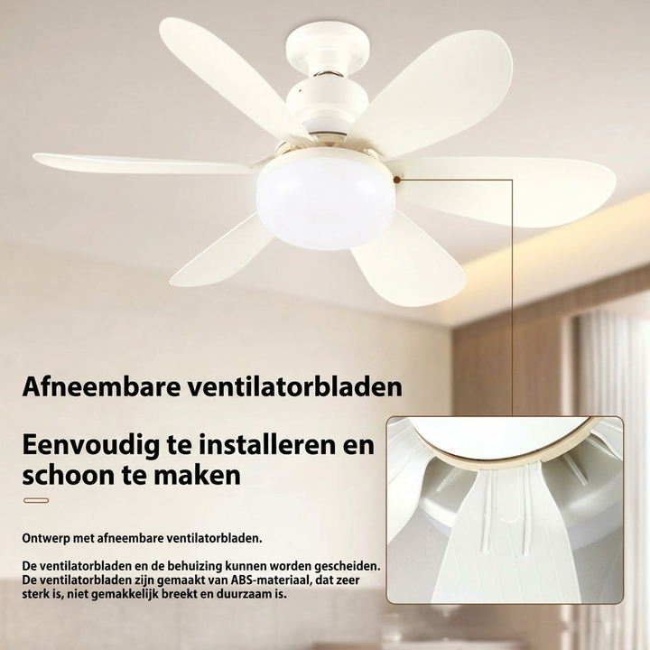 Plafondventilatorlamp met E27 LED, inclusief afstandsbediening voor dimbaar licht en efficiënte luchtcirculatie.
