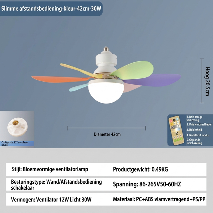 Dimbare E27 LED plafondventilatorlamp met 3 lichtkleuren; sfeervolle verlichting voor slaapkamer of woonkamer.